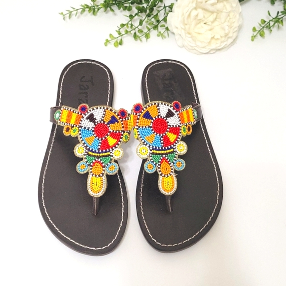 Jararè leather Malindi slip-on thong sandals with multicolor beads size 37 (6.5) - Picture 10 of 10